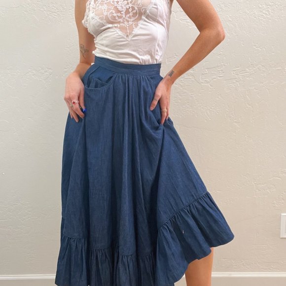 Vintage Dresses & Skirts - Vintage 1990s/Y2K Blue Denim Ruffle Boho Maxi Skirt